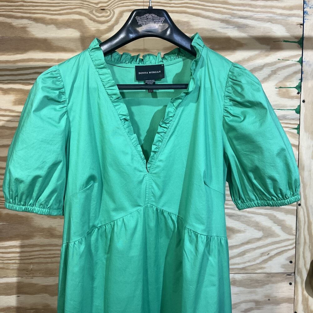 Donna Morgan Babydoll Tiered Midi Dress Sz 12 Green Cottagecore Ruffle Coquette - Picture 4 of 12